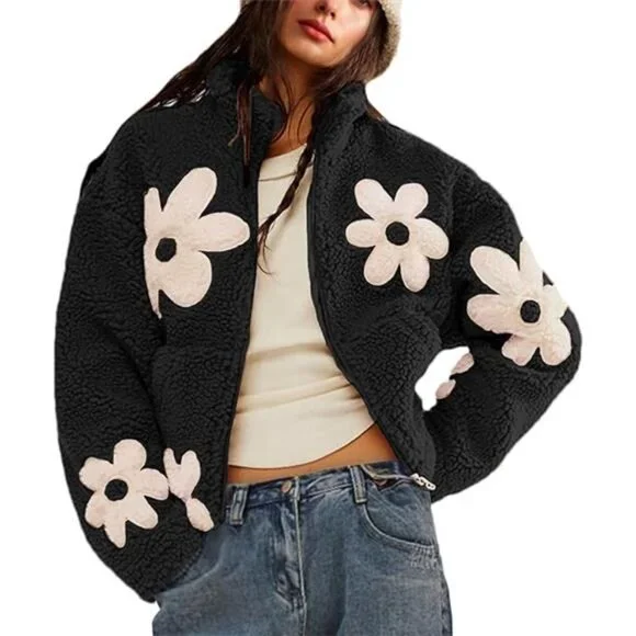 Maixang Womens Floral Print Sherpa Fleece Jackets Winter Zipper Cropped Coat - Picture 7 of 7